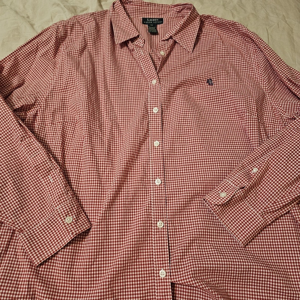 Lauren Ralph Lauren Shirt Size 3X Womens Red Gingham Check Button Top